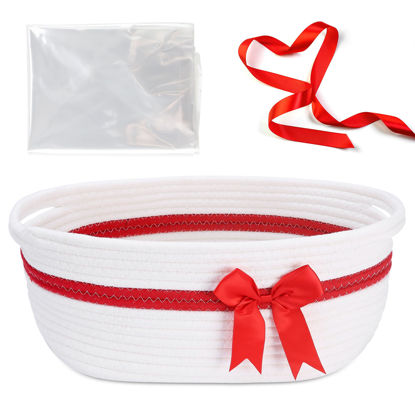Picture of Yeeeasy Gift Basket with Bow and Gift Bag Simplicity Home Decor Rope Basket for Gifts Empty 13.5" X 8.5" X 5.5" Storage Basket Baby Toy Basket with Handles, White