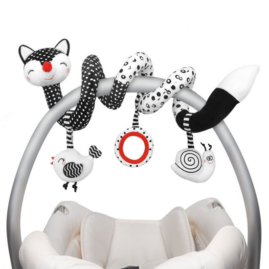 Picture of Euyecety Baby Spiral Plush Toys, Black White Stroller Toy Stretch & Spiral Activity Toy Car Seat Toys, Hanging Rattle Toys for Crib Mobile, Newborn Sensory Toy Best Gift for 0 3 6 9 12 Months Baby-Fox