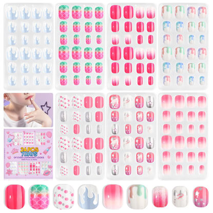 Picture of SAVILAND 168Pcs 7 Pack Press on Nails for Kids Children Fake Nails Stick on Nails Pre-glue Full Cover Glitter Gradient Color Star Short Acrylic Nail Tips Nail Art Christmas Gifts for 8-12 Year Kids
