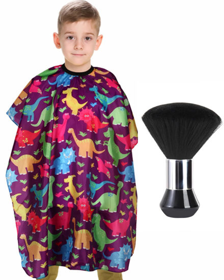 Picture of Kids Barber Cape with Neck Duster Brush, Professional Salon Hair Cutting Cape with Adjustable Snap Closure(Cartoon Dinosaur)