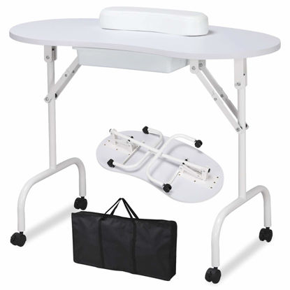 Picture of Yaheetech 37-inch Portable & Foldable Manicure Table Nail Desk Workstation with Large Drawer/Client Wrist Pad/Controllable Wheels/Carrying Case for Spa Beauty Salon White, 1 Count (Pack of 1)