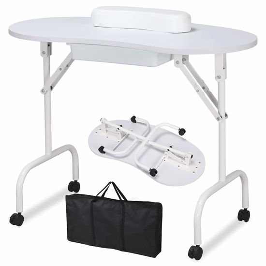 Picture of Yaheetech 37-inch Portable & Foldable Manicure Table Nail Desk Workstation with Large Drawer/Client Wrist Pad/Controllable Wheels/Carrying Case for Spa Beauty Salon White, 1 Count (Pack of 1)