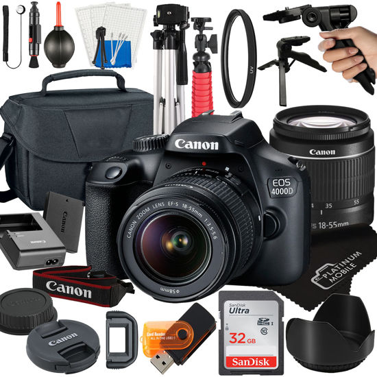 Picture of Canon EOS 4000D / Rebel T100 DSLR Camera with 18-55mm Lens + Platinum Mobile Accessory Bundle Package Includes: SanDisk 32GB Card, Tripod, Case, Pistol Grip and More (21pc Bundle), Black (Renewed)