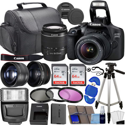 Picture of Canon EOS 2000D / Rebel T7 DSLR Camera w/EF-S 18-55mm f/3.5-5.6 Lens 3 Lens Kit Bundled with 128GB Memory + Wide Angle Lens + Telephoto Lens + Flash + More (Renewed)