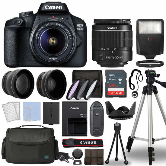 Picture of Canon EOS 4000D / Rebel T100 Digital SLR Camera Body w/Canon EF-S 18-55mm f/3.5-5.6 Lens 3 DSLR Kit Bundled with Complete Accessory Bundle + 64GB Flash & More - International Model (Renewed), Black