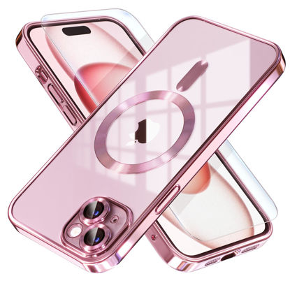 Picture of Misea Magnetic for iPhone 15 Case Compatible with MagSafe [Never Yellowing] [Military Grade Drop Protection] Full Camera Lens Protector Plating Soft Clear Phone Case for Women Girls, Pink
