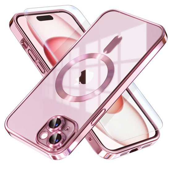 Picture of Misea Magnetic for iPhone 15 Case Compatible with MagSafe [Never Yellowing] [Military Grade Drop Protection] Full Camera Lens Protector Plating Soft Clear Phone Case for Women Girls, Pink