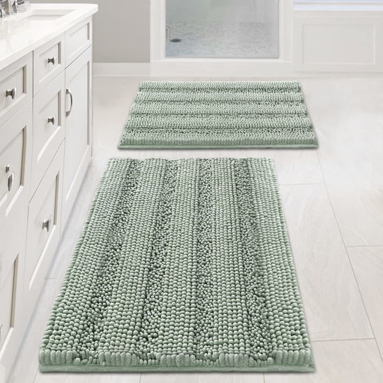 Picture of H.VERSAILTEX Sage Bathroom Rugs, Bath Mat Set of 2 Extra Thick Chenille Striped Pattern Shaggy Bath Rugs for Bathroom, Non Skid Bath Mats for Bathroom Floor (32 x 20 Plus 24 x 17 - Inches)