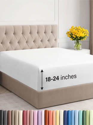 Picture of Extra Deep Queen Fitted Sheet - Hotel Luxury Single Fitted Sheet Only - Sheet Easily Fits 18 inch to 24 inch Mattress - Soft, Wrinkle Free, Breathable and Comfy Extra Deep Pockets White Fitted Sheet