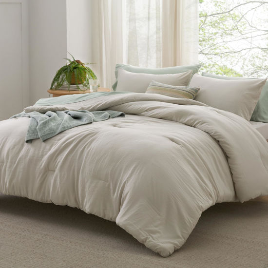 Picture of Bedsure Queen Size Comforter Set, Beige Soft Prewashed Bedding for All Seasons, 3 Pieces Warm Down Alternative Bed Set, 1 Lightweight Comforter (90"x90") and 2 Pillowcases (20"x26")