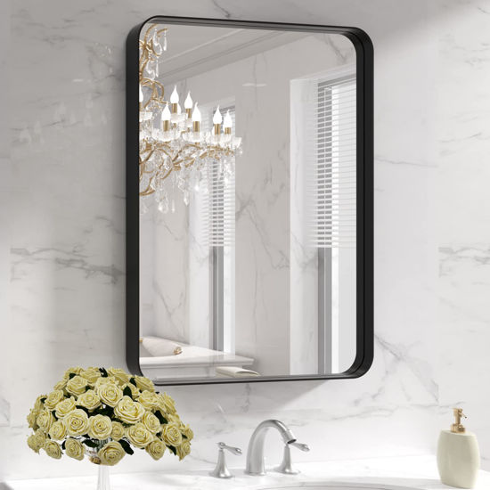 Picture of LOAAO Black Metal Framed Bathroom Mirror for Wall, 22X30 Inch Rounded Rectangle Mirror, Matte Black Bathroom Vanity Mirror Farmhouse, Anti-Rust, Tempered Glass, Hangs Horizontally or Vertically