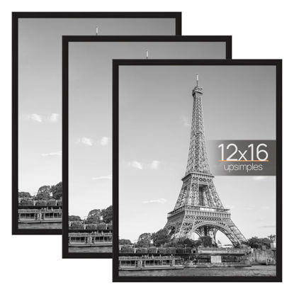Picture of upsimples 12x16 Picture Frame Black 3 Pack, Scratch-Proof Poster Frames 12 x 16 for Photo Gallery - Slide-In Strips, Horizontal or Vertical Wall Mounting