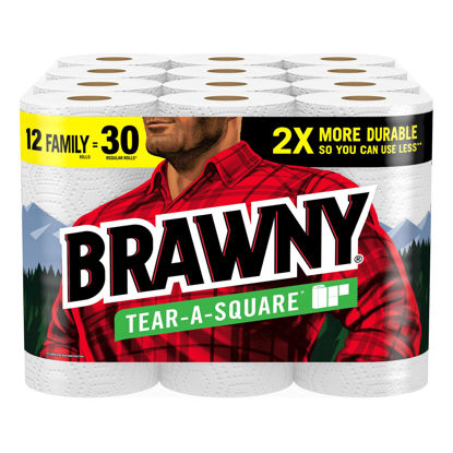 Picture of Brawny Tear-A-Square Paper Towels, 12 Family Rolls = 30 Regular Rolls, 2X More Durable*, 3 Sheet Sizes, Strong and absorbent extra-large roll