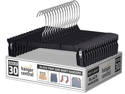 Picture of Hanger Central 30 Pack Space Saving Heavy Duty Slim Plastic Pants, Skirts and Shorts Hangers, Ridged Non-Slip with Pinch Clips, 360-Rotating Chrome Swivel Hook, in Black, 12 Inches