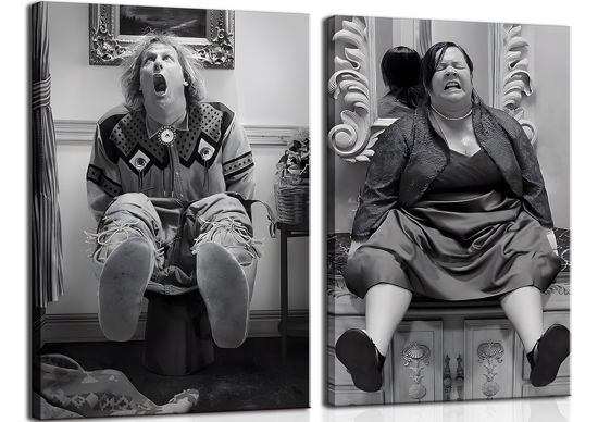 Picture of Funny Bathroom Wall Art Set of 2 - Black and White Vintage Humor Bathroom Wall Decor, Dumb And Dumber Movie Posters Bathroom Art, Funny Bathroom Decor Canvas Wall Art 12x16in Framed