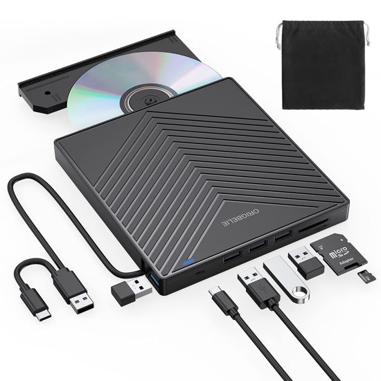 Picture of ORIGBELIE External CD DVD Drive, Ultra Slim CD Burner USB 3.0 with 4 USB Ports and 2 TF/SD Card Slots, Optical Disk Drive for Laptop Mac, PC Windows 11/10/8/7 Linux OS