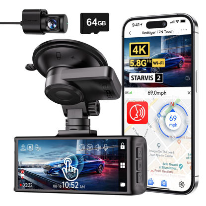 Picture of REDTIGER 4K Dash Cam Front and Rear, Touch Screen 3.18 Inch, Voice Control, 5.8GHz WiFi Car Dash Camera with 64GB Card, GPS, UHD 2160P Night Vision, WDR, Emergency Lock, Parking Monitor (F7N Touch)