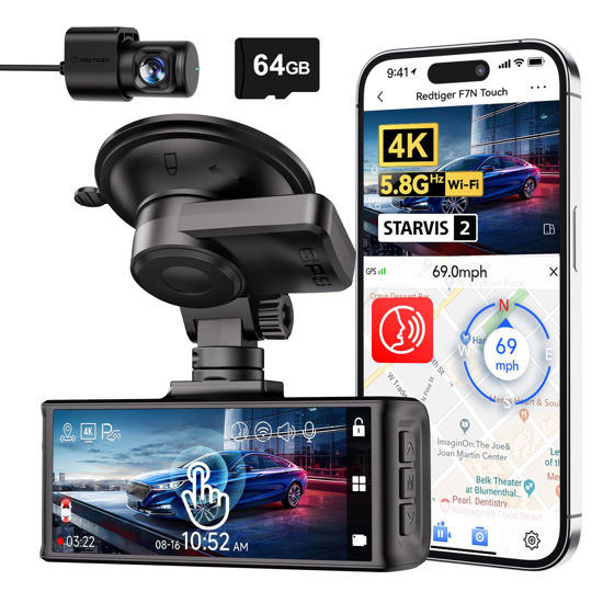 Picture of REDTIGER 4K Dash Cam Front and Rear, Touch Screen 3.18 Inch, Voice Control, 5.8GHz WiFi Car Dash Camera with 64GB Card, GPS, UHD 2160P Night Vision, WDR, Emergency Lock, Parking Monitor (F7N Touch)