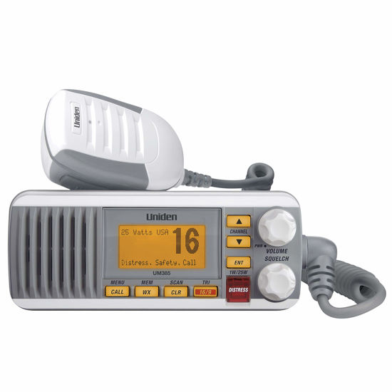 Picture of Uniden UM385 25 Watt Fixed Mount Marine Vhf Radio, Waterproof IPX4 with Triple Watch, Dsc, Emergency/Noaa Weather Alert, All Usa/International/Canadian Marine Channels, Memory Channel Scan, White