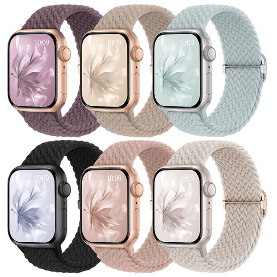 Picture of 6 Pack Braided Stretchy Bands Compatible with Apple Watch Band 38mm 40mm 41mm 42mm 44mm 45mm 46mm 49mm Women Men, Adjustable Nylon Solo Loop Elastic Straps for iWatch Series 10 9 8 7 6 5 4 3 SE Ultra