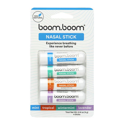 Picture of BoomBoom Nasal Stick (4 Pack) | Vapor Flow Technology | Better Breathing + Natural Focus | Cool Refreshing Sensation | Premium Essential Oils + Menthol Inhaler (Mint, Wintermint, Tropical, Lavender)