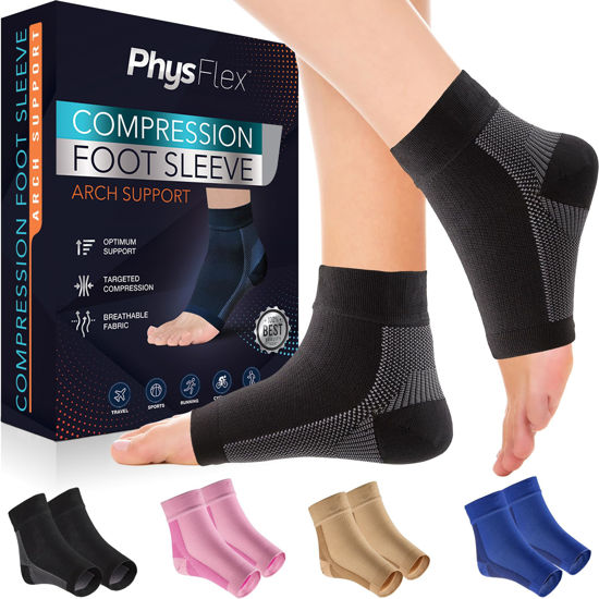 Picture of PhysFlex Compression Socks for Plantar Fasciitis, Achilles Tendonitis Relief - (1 Pair) Ankle Compression Sleeve for Heel Spurs, Foot Swelling & Fatigue - Arch Support Brace for Everyday Use