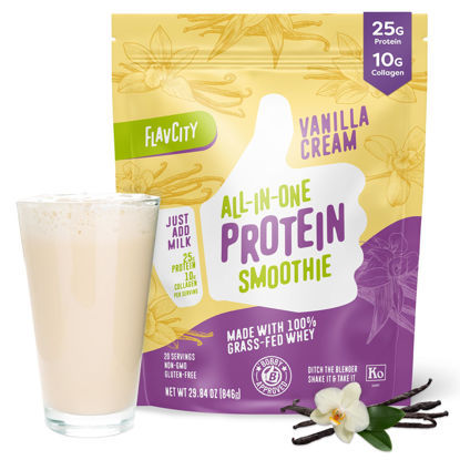 Picture of FlavCity Protein Powder Smoothie, Vanilla - 100% Grass-Fed Whey Protein Smoothie with Collagen (25g of Protein) - Gluten Free & No Added Sugars (29.84 oz)