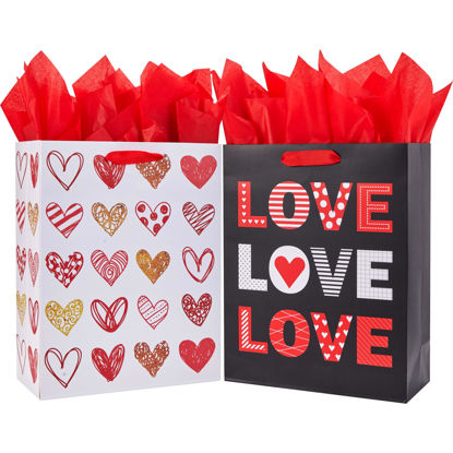 Picture of SUNCOLOR 2 Pack 13" Large Valentines Day Gift Bags with Tissue Paper