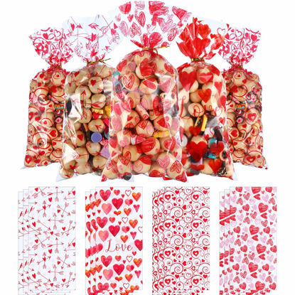 Picture of Blulu Valentines Treat Bags 100 Pcs Valentine Candy Bag Red Valentine's Day Cookie Bags 4 Styles Plastic Valentine Cellphone Gift Bags with 200 Pieces Twist Ties for Valentine Party Supplies