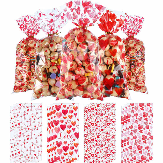Picture of Blulu Valentines Treat Bags 100 Pcs Valentine Candy Bag Red Valentine's Day Cookie Bags 4 Styles Plastic Valentine Cellphone Gift Bags with 200 Pieces Twist Ties for Valentine Party Supplies