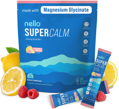Picture of Nello Supercalm Powdered Drink Mix, Raspberry Lemonade, L Theanine, Ksm-66 Ashwagandha, Magnesium Glycinate, Vitamin D 3, Supplements for Relaxation & Focus, No Sugar, Non GMO, On The Go, 20 Ct