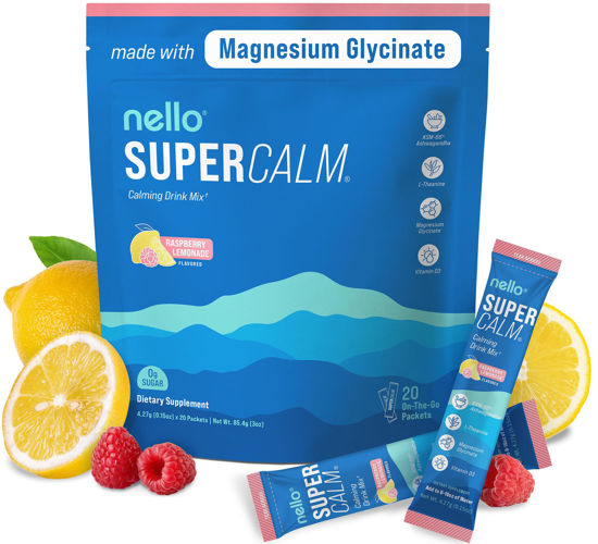 Picture of Nello Supercalm Powdered Drink Mix, Raspberry Lemonade, L Theanine, Ksm-66 Ashwagandha, Magnesium Glycinate, Vitamin D 3, Supplements for Relaxation & Focus, No Sugar, Non GMO, On The Go, 20 Ct