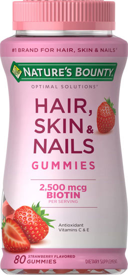 Picture of Nature's Bounty Optimal Solutions Hair, Skin & Nails Vitamin Gummies with Biotin, 2500 mcg, Strawberry, 80 Count