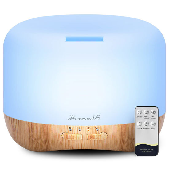 Picture of Homeweeks 300ml Essential Oil Diffuser, Quiet Aromatherapy Mist Diffusers for Essential Oils, Wood Grain, Ultrasonic, Remote Control, Timer, 7 Colors Light for Bedroom (300ml)