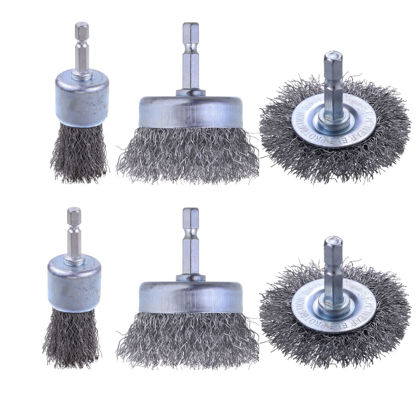Picture of 6 Pack Carbon Steel Wire Wheel Brush, Rocaris Cup Brush, Wheel Brush, Pen Brush Set with 1/4-Inch Hex Shank for Rust Removal, Corrosion and Scrub Surfaces
