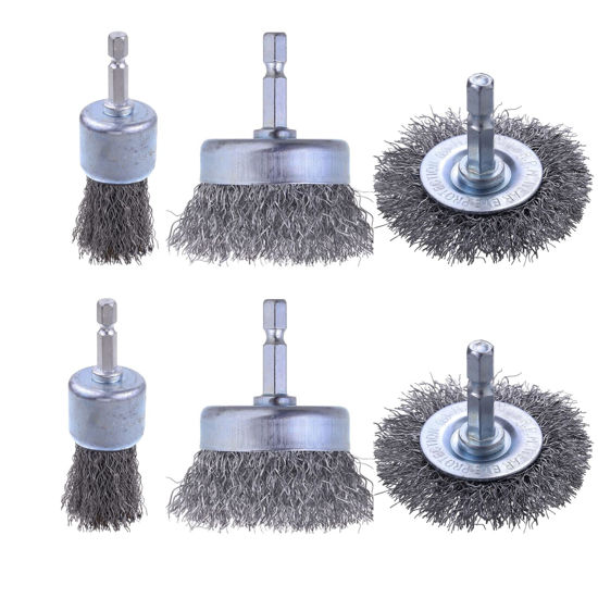 Picture of 6 Pack Carbon Steel Wire Wheel Brush, Rocaris Cup Brush, Wheel Brush, Pen Brush Set with 1/4-Inch Hex Shank for Rust Removal, Corrosion and Scrub Surfaces