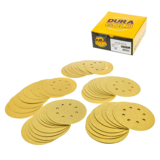Picture of Dura-Gold Premium - Variety Pack - 5" Gold Sanding Discs - 8-Hole Dustless Hook and Loop - 10 Each of Grit (60, 80, 120, 220, 320) - Box of 50 Sandpaper Finishing Discs for Woodworking or Automotive