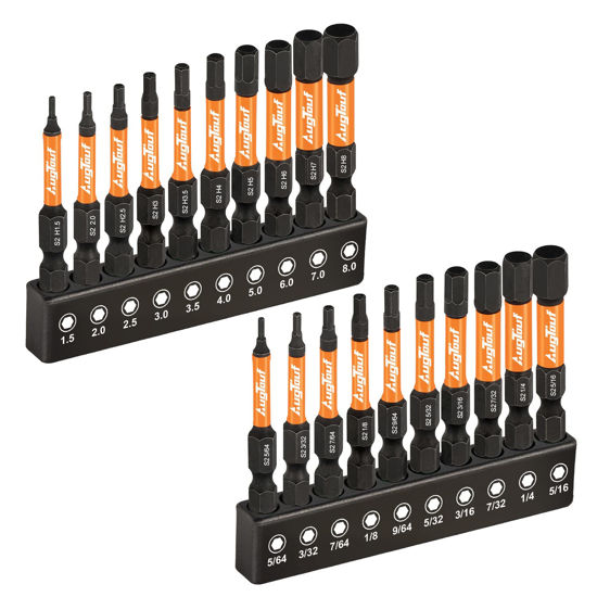 Picture of toolant Impact Hex Head Allen Wrench Drill Bit Set 20pcs (Metric&SAE), 1/4” Hex-Shank S2 Steel Hex Bits Set, CNC Machined Tips with Magnetism, 2” Long with Storage Box