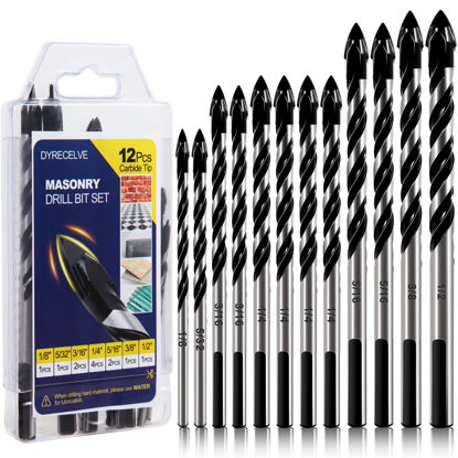 Picture of 12-PCS Masonry Drill Bit Set & Concrete Drill Bit Set, 1/8 to 1/2 inch Professional Carbide Drill Bits Tip for Glass, Tile, Brick, Cement Concrete Plastic Wood etc. Masonry Drill Bits Set by DYRECELVE