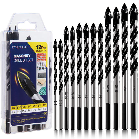 Picture of 12-PCS Masonry Drill Bit Set & Concrete Drill Bit Set, 1/8 to 1/2 inch Professional Carbide Drill Bits Tip for Glass, Tile, Brick, Cement Concrete Plastic Wood etc. Masonry Drill Bits Set by DYRECELVE