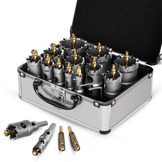 Picture of GSTK Upgrade Heavy Duty Carbide Hole Saw 14 Pcs,Metal Steel Hole Saw Drill Bit,TCT Hole Cutter,Alloy Hardness Upgrade, with 2*Extra Titanium Plated Pilot Center Drill and 2*L-Wrench