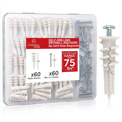 Picture of CrimsonMark 120Pcs #8 Self Drilling Drywall Anchors and Screws kit #8 x 1-1/4”- Superb Wall Anchors for Drywall, Holds Upto 75lbs - No Drill Hole Required with These Dry Wall Screws and Anchors
