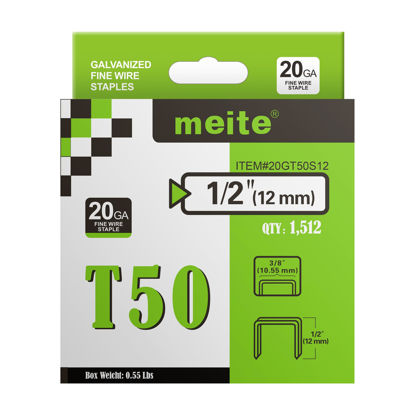 Picture of meite T50 Staples, 1/2 Inch Heavy Duty Staples for Staple Gun, 20 Gauge 3/8 Inch Crown Galvanized Upholstery Staples Staple Gun Staples (1,512 Counts)
