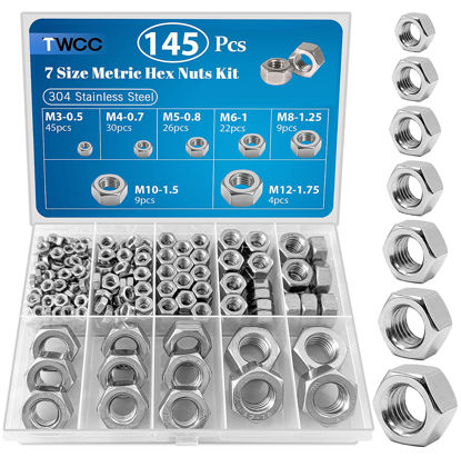 Picture of ZQZ 145 PCS Assorted Stainless Steel Hex Nuts Assortment Kit M3 M4 M5 M6 M8 M10 M12 Metric Hex Nut Set Hardware