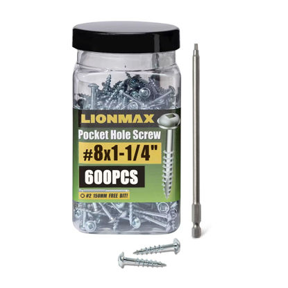 Picture of Pocket Hole Screws, LIONMAX Wood Screws #8 x 1-1/4" 600PCS Washer Head with Coarse Thread, Square Drive Self Tapping, for Indoor Use, Zinc Plated, 150MM Drive Bit Included