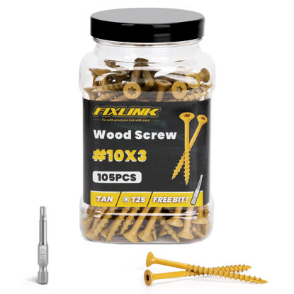 Picture of Wood Screws 3 Inch, FIXLINK Deck Screws #10 x 3, 105pcs, Epoxy Coated, T25 Star Bit Above 1500 Hour Salt Spray Coating Outdoor Decking Screws Excellent Rust Resistant for Outdoor Wood Fence