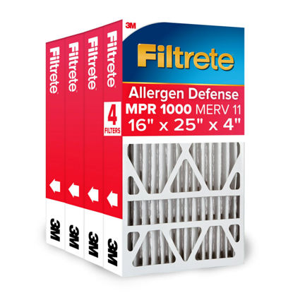 Picture of Filtrete 16x25x4 AC Furnace Air Filter, MPR 1000, MERV 11, Fits Lennox & Honeywell Devices, Allergen Defense, Electrostatic Air Cleaning Filter, 4-Pack (actual size 15.88 x 24.56 x 4.31)