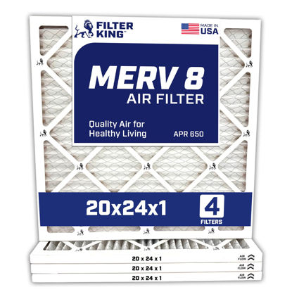 Picture of Filter King 20x24x1 Air Filter | 4-PACK | MERV 8 HVAC Pleated A/C Furnace Filters | MADE IN USA | Actual Size: 19.5 x 23.5 x .75"