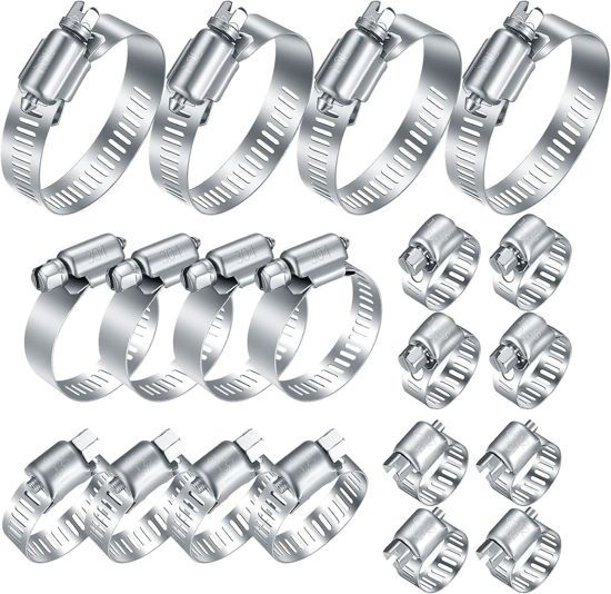 Picture of Stainless Steel Hose Clamps Assortment Kit, 20Pcs 1/4-2 in (6-51mm) Adjustable Worm Gear Pipe Hose Clamps, Fuel Line Hose Clamps Heavy Duty for Plumbing, Automotive, Washing Machine, Mechanical