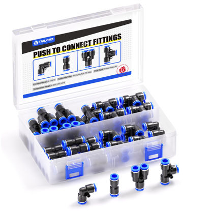 Picture of TAILONZ PNEUMATIC 1/4 Inch od Push to Connect Fittings Pneumatic Fittings Kit 10 Spliters+10 Elbows+10 tee+10 Straight (40 pcs)